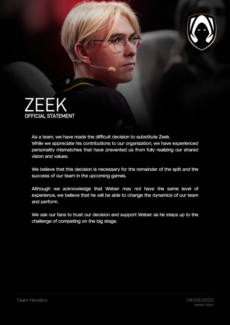 Team Heretics, zeek'in yedeğe çekildiğini duyurdu! esportimes